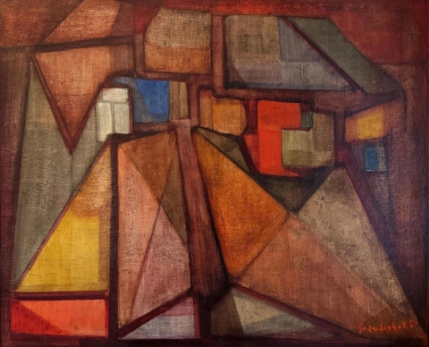 1950 Szóbel Géza Az ivók - The drinkers, 1950 olaj, fatábla - oil on wood panel 81 x 100 cm 