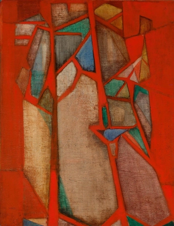 1953 Szóbel Géza Absztrakt kompozíció - Abstract composition 1953 olaj, fatábla - oil on wood panel 61 x 48 cm