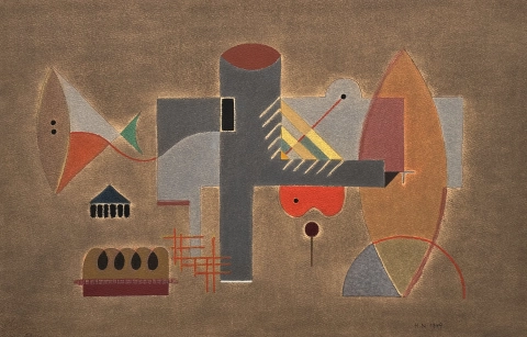 Henri Nouveau Surreal compositin 1949 gouache,and black ink on paper 29.5x45 cm
