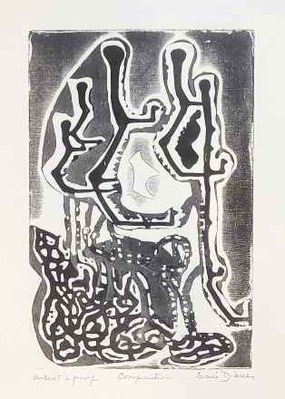Dienes Sári  Composition. Etching _artist's proof_ 28 x 17,7 cm (size of plate)45 x 33 cm (size of leaf) printed by the artist at Atelier 17, New York