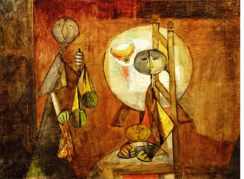 Szóbel Géza WOMEN IN THE KITCHEN · NŐK A KONYHÁBAN · 1945 oilonwood·olaj,fatábla 55×75cm 