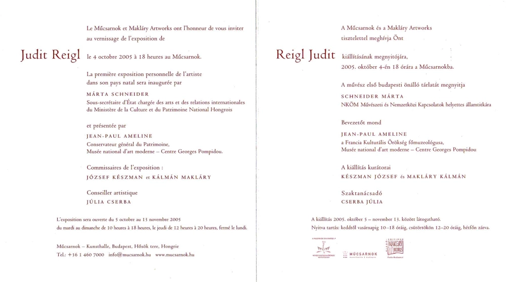Reigl Judit kiállításának meghívója 2005, Műcsarnok