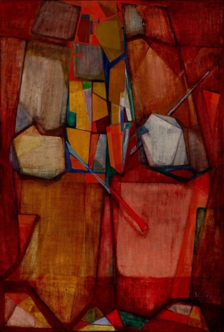 1950 Szóbel Géza  Zenészek - Musicians olaj, fatábla - oil on wood panel 220x150cm 1