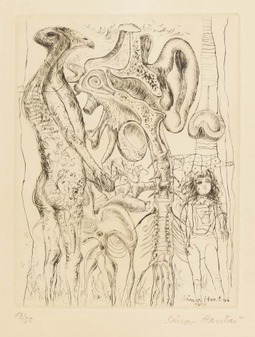 Simon HANTAI Surrealist  composition , 1953 Drypoint on paper  numbered 13:50 18 x 24 cm 