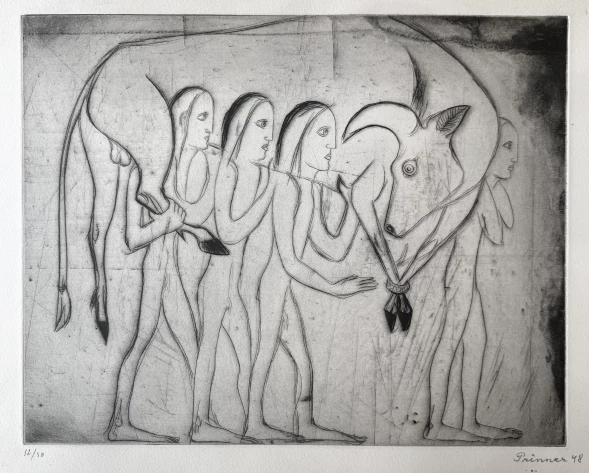 Anton Prinner Ox carriers 1948 Bible series... etching 33x50cm