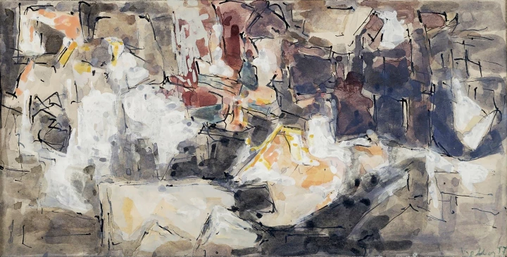 Paul KALLOS Composition, 1957 pen, black ink and gouache on paper  9.5 x 19 cm  PROVENANCE Collection of painter Georges Feher