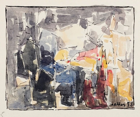 Paul KALLOS Composition, 1958 pen, black ink and gouache on paper 7 x 8.5 cm PROVENANCE Collection of painter Georges Feher