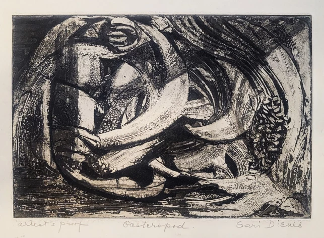 Dienes áari Gasteropod. Etching _artist's proof_ 15 x 22,5 cm (size of plate) 23 x 33,5 cm (size of leaf) printed by the artist at Atelier 17, New York