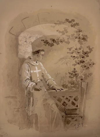 Mihály Zichy  Monk at the window, ink, wash and white gouache highlites on paper 35.5x25 cm