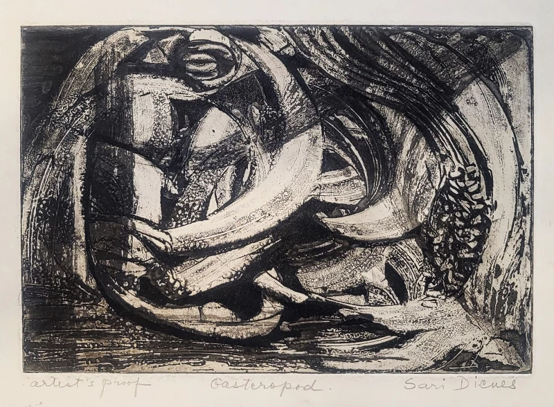 Dienes áari Gasteropod. Etching _artist's proof_ 15 x 22,5 cm (size of plate) 23 x 33,5 cm (size of leaf) printed by the artist at Atelier 17, New York