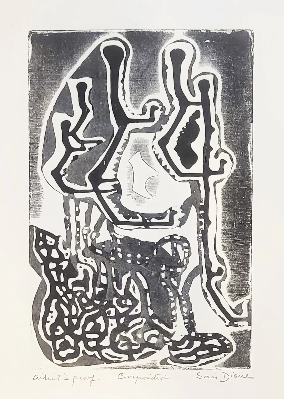 Dienes Sári  Composition. Etching _artist's proof_ 28 x 17,7 cm (size of plate)45 x 33 cm (size of leaf) printed by the artist at Atelier 17, New York