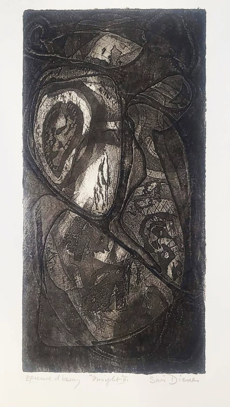 Dienes Sári  Insight II.Etching 35 x 17 cm (size of plate) 45, 5 x 33 cm (size of leaf) printed by the artist at Atelier 17, New York